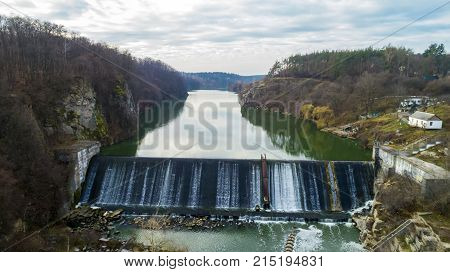 Aerial view of the water dam. Beautiful view of the river Teteriv landscape