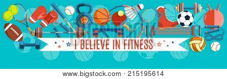 Set of sport balls and gaming items at a turquoise background. Healthy lifestyle tools, elements. Vector Illustration
