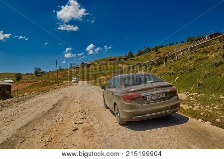 KHULO, GEORGIA - 08 August 2017: Challenging mountain unpaved road between Akhaltsikhe-Batumi near Khulo village of Georgian Adjara region