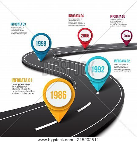 Vector road infographic with pin pointer. Timeline template with 5 markers on a curved road line.