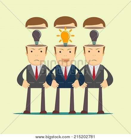 Leadership concept with crowd of businesspeople with lightbulb in the head. Open head. Business idea start up concept. Stock flat vector illustration.