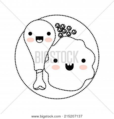 kawaii food plate with chicken thigh with peas and rice in black dotted silhouette vector illustration