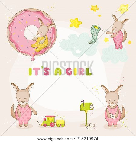 Baby Girl Kangaroo Set - Baby Shower or Arrival Cards - in vector