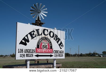 ADRIAN TX - OCTOBER 12, 2017: Midpoint marker between Chicago and Los Angeles along Route 66 in Adrian, Texas