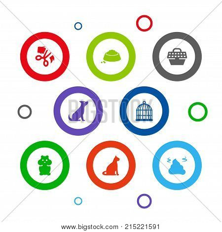 Collection Of Rat, Scissor, Pet Crate And Other Elements.  Set Of 8 Animals Icons Set.