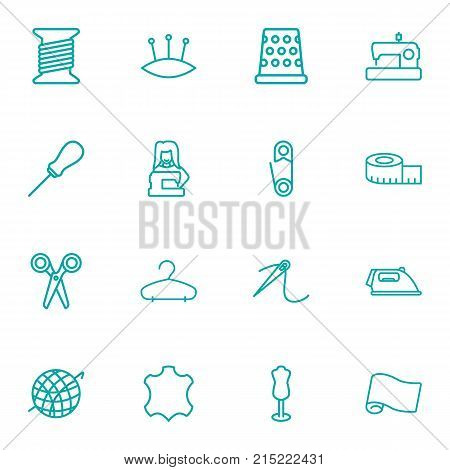 Collection Of Crochet, Needle, Scissors And Other Elements.  Set Of 16 Sewing Outline Icons Set.