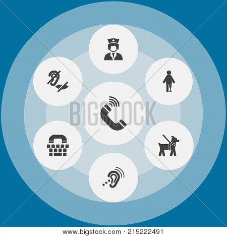 Collection Of Assistance, Mute, Listening Device And Other Elements.  Set Of 7 Accessibility Icons Set.