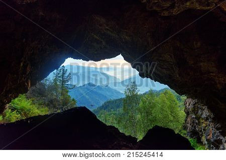 View from Kinderlinsky Cave near V.Ayula village. Chemal region. Altai Republic, Siberia. Russia
