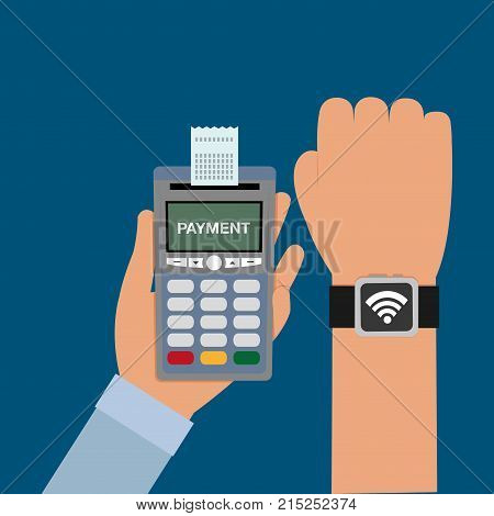 dataphone in the hand with receipt and smartwatch transaction vector illustration