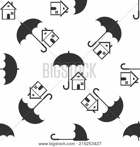 House with umbrella icon seamless pattern on white background. Real estate insurance symbol. Real estate symbol. Flat design. Vector Illustration