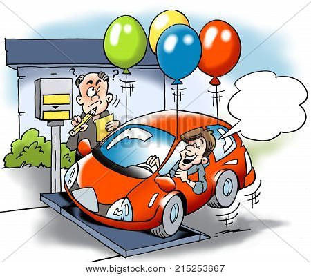 Cartoon illustration of a car owner trying to cheat with the total weight of the vehicle road tax