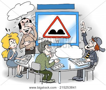 Cartoon illustration of a license student who learns about various traffic signs