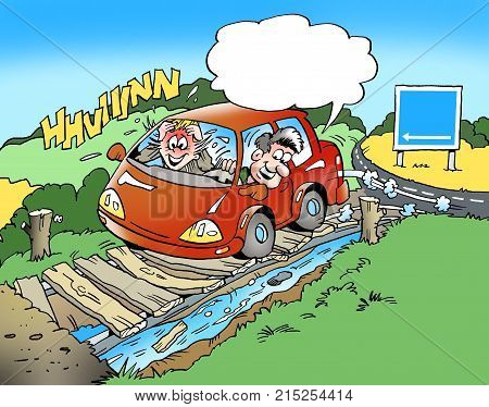 Cartoon illustration of a family in a small car on a drive and have gone astray