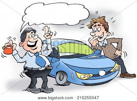 Cartoon illustration of a car salesman showing a hybrid Car and a small petrol can
