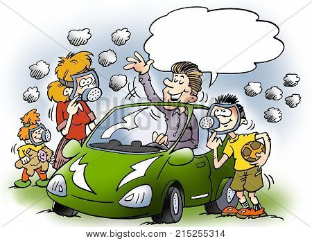 Cartoon illustration of a a family there is equipped with gas masks