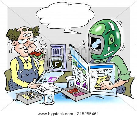 Cartoon illustration of a mechanic with a helmet with built-in spectacle reading glass