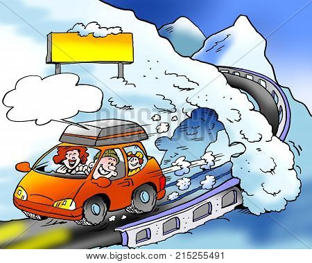 Cartoon illustration of a a family on a road ski trip with brand new winter tires fitted