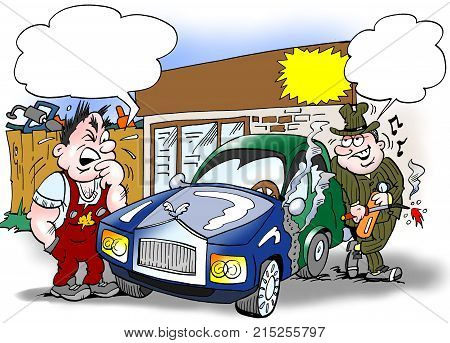 Cartoon illustration of a seller and a buyer looking at an older car that is composed of a new and older car