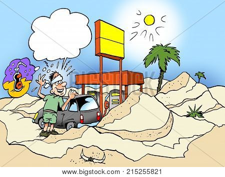 Cartoon illustration of a motorist who has gone out into the desert and just needs a bottle of water