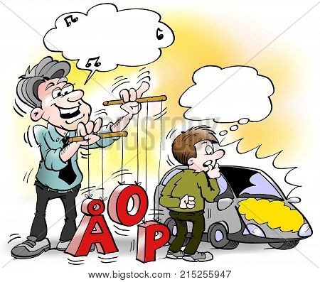Cartoon illustration of a Car salesman standing and playing with numbers and letters