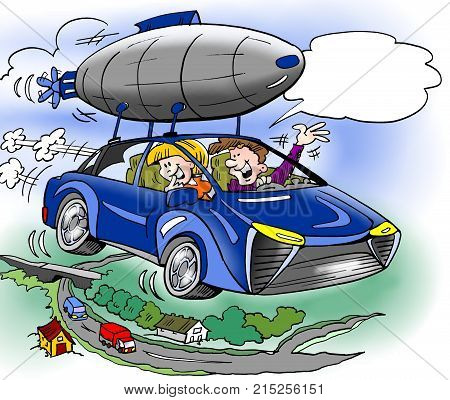 Cartoon illustration of a family has has bought extra equipment for their brand new hybrid car