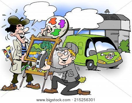 Cartoon illustration of A nature painter gets good color tips by an auto painter