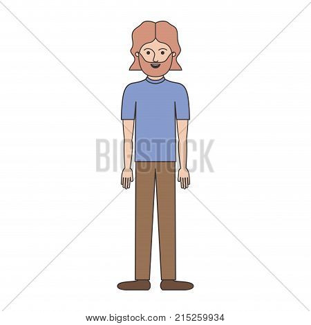 man full body with t-shirt and pants and shoes with mid length hair and beard on colorful silhouette vector illustration