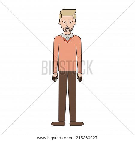 man full body with stubble beard and sweater and pants and shoes with side parted hairstyle in colorful silhouette vector illustration