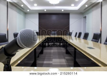 luxurious meeting room in a big corporation Microphone and modern table boardroom with chair black.