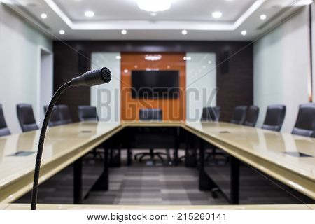 Microphone and modern table boardroom Business in office