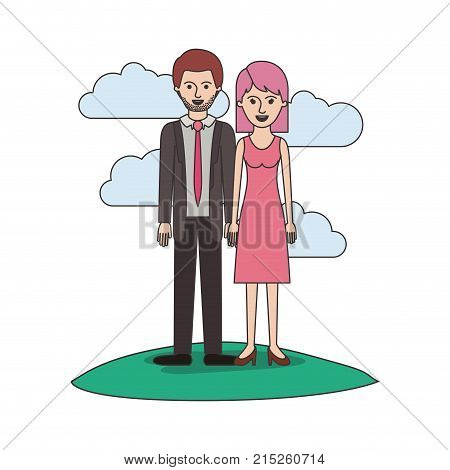 couple colorful scene outdoor and him with suit and tie and pants and shoes with short hair and stubble beard and her with dress and heel shoes with mid length hair vector illustration
