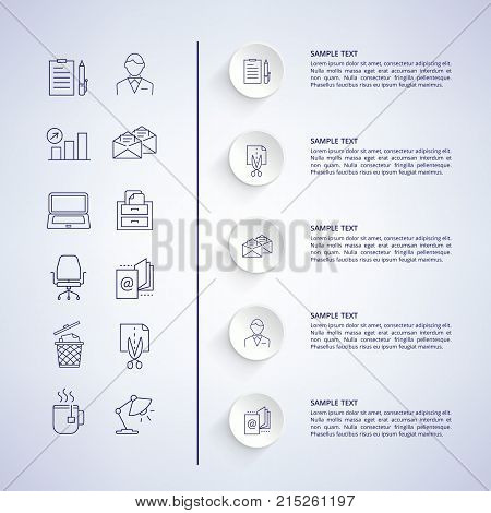 Infographic and explanatory information with titles to each image, icons of man, cup and lamp, computer on left side vector illustration