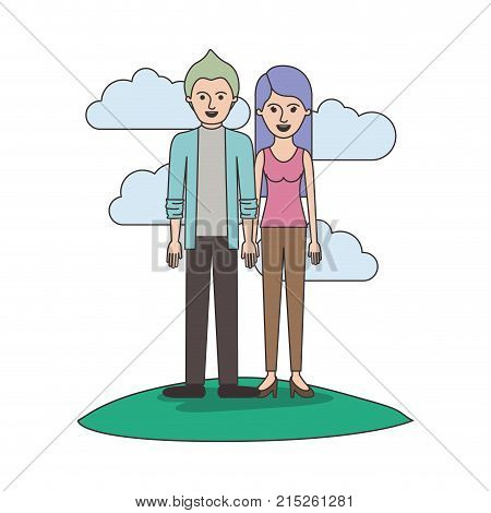 couple colorful scene outdoor and him with shirt and jacket and pants and shoes with short hair and her with t-shirt sleeveless and pants and heel shoes with long straight hair vector illustration