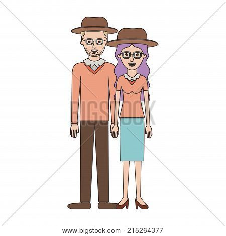 couple colorful silhouette and both with hat and glasses and him with stubble beard and sweater and pants and shoes and her with blouse and skirt and heel shoes with long wavy hair vector illustration