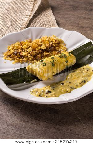 Fried Fish With Farofa And Passion Fruit Sauce - Traditional Amazonian Dish - Filhote Caboclo