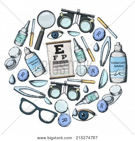 Set of medical optometry accessory for correct vision - contact lens solution lens case eye test chart glasses. Vector