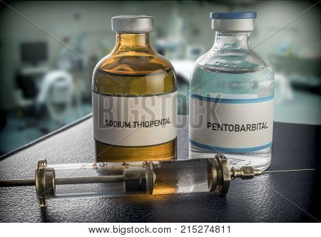 Vials with Sodium Thiopental and pentobarbital used for euthanasia and lethal inyecion in a hospital, conceptual image