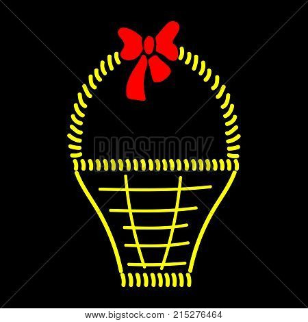 Basket with braid sign. Image of handmade weave. Color icon isolated on black background. Decorative wicker basket with red bow for gift. Logo for invitation or celebration. Stock vector illustration