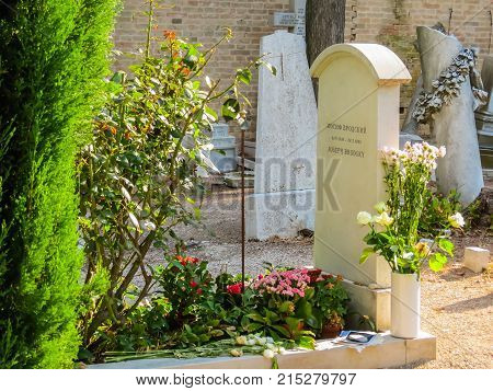 VENICE, ITALY - SEPTEMBER 6, 2013: Gravestone on grave of the Joseph Brodsky - Russian and American poet. San Michele Island, Venice