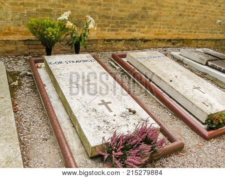 VENICE, ITALY - SEPTEMBER 6, 2013: Gravestone on grave of the Vera and Igor Stravinsky. San Michele Island, Venice