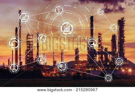 Industry 4.0 concept image. industrial instruments in the factory with cyber and physical system icons Internet of things networksmart factory solution