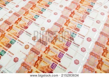 Russian paper banknote 5000 rubles background. Flat lay, top view