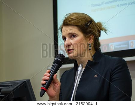 MOSCOW RUSSIA - NOV 22 2017: Co-founder of Kaspersky Lab and InfoWatch CEO Natalya Kaspersky makes speech at forum on investment potential of Russian IT market in Moscow Russia on Nov 22 2017.