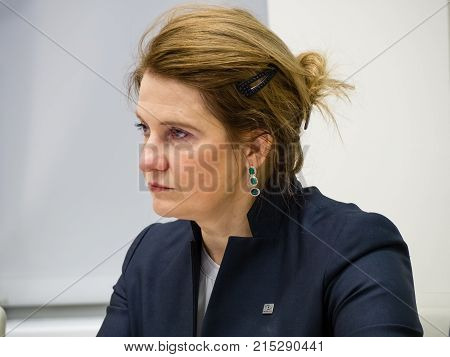 MOSCOW RUSSIA - NOV 22 2017: Co-founder of Kaspersky Lab and InfoWatch CEO Natalya Kaspersky makes speech at forum on investment potential of Russian IT market in Moscow Russia on Nov 22 2017.