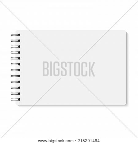 Vector white realistic closed spiral bound notebook. Horizontal blank copybook with metallic silver spiral. Template (mock up) of organizer or diary isolated. Notepad. A5