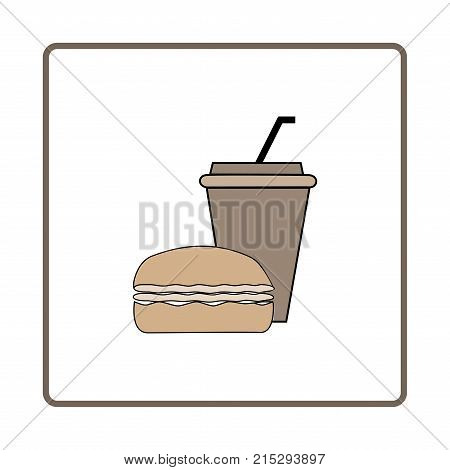Fast food and drink icon. Silhouette hamburger and cup on white square. Sign meal on white background. Label quickly dinner. Symbol fast food for posterbanner. Design element. Vector illustration.