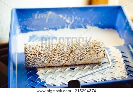 tray with white paint and roller for repair