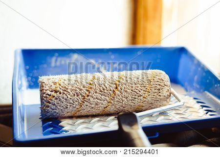 tray with white paint and roller for repair