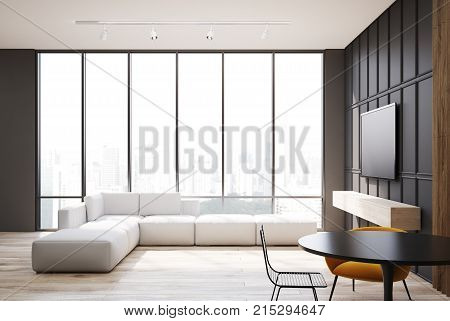 Gray And Wooden Living Room Tv Set And Sofa