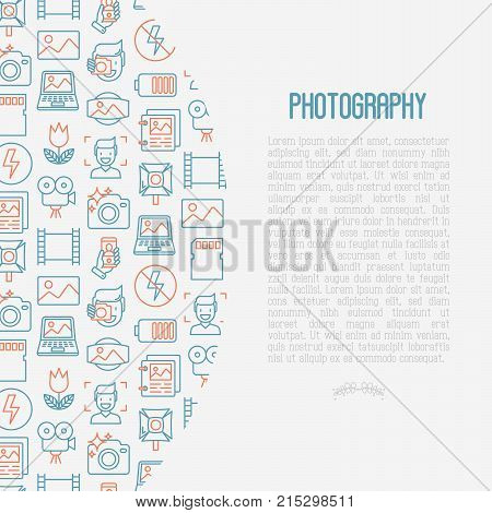 Photography concept with thin line icons of photographer, film, crop, flash, focus, light, panorama. Vector illustration for banner, web page, print media.